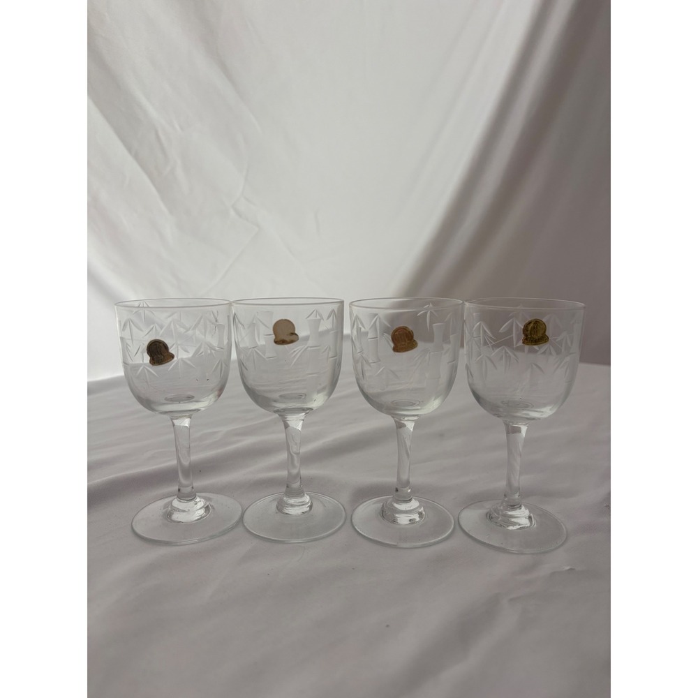 Vintage 1950s Etched Bamboo Crystal Cordial Glasses Set of 4 Clear Liqueur Stems
